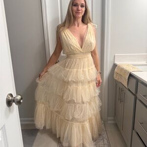 Nya Tulle Maxi Dress With Pearl Beads Cream Size Large